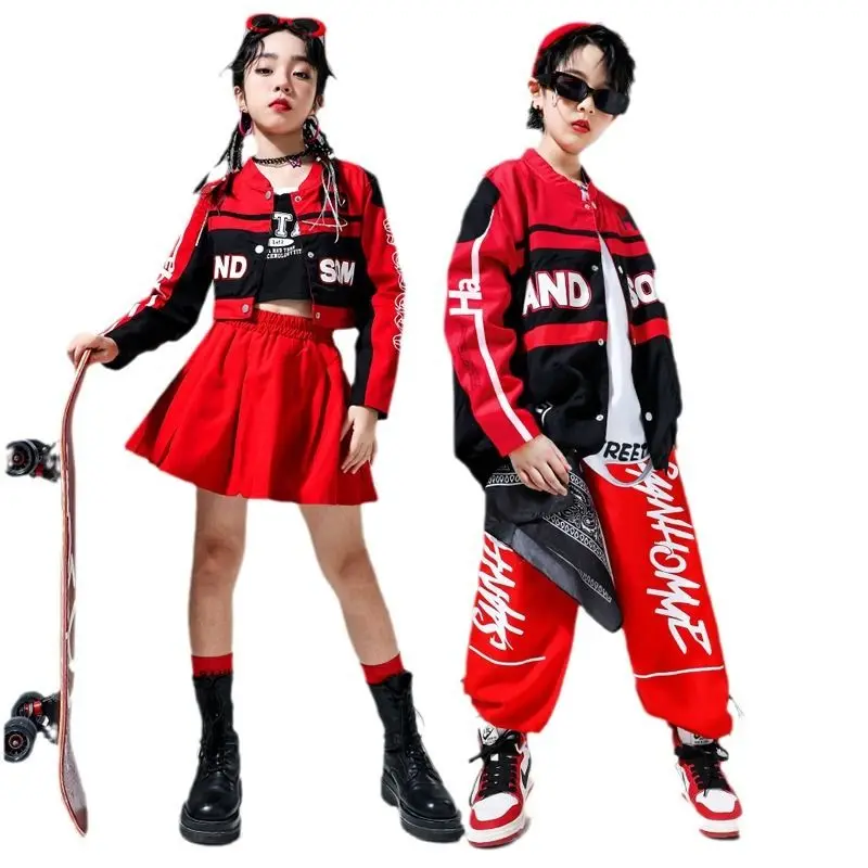 Hip Hop Girls Street Dance Red Motorcycle Sports Jacket Skirt Pants Boys Joggers Clothes Kids Streetwear Children Jazz Costumes