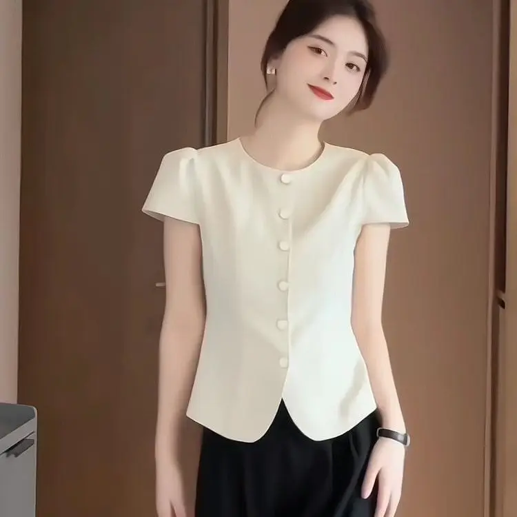 Fashion Retro French Temperament Shirt for Women in Summer New Slim and Fashionable Solid Color Versatile Casual Top