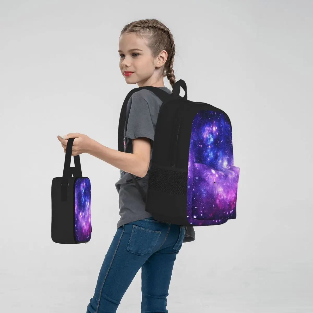 Purple Blue Galaxy Nebula Backpacks Kids Bookbag School Bags Rucksack Lunch Bag Pen Bag Three-Piece Set