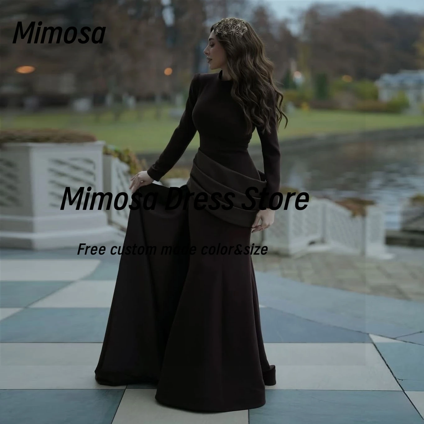 ชุดราตรีมิโมซ่าหรูหรา แขนยาว สำหรับงานพรอม งานราตรี ผู้หญิงซาอุดิอาระเบีย สวมใส่สบาย พร้อมชายกระโปรงแบบฟลัตเตอร์  ชุดเดรสออกงานกลางคืน  สามารถสั่งตัดได้