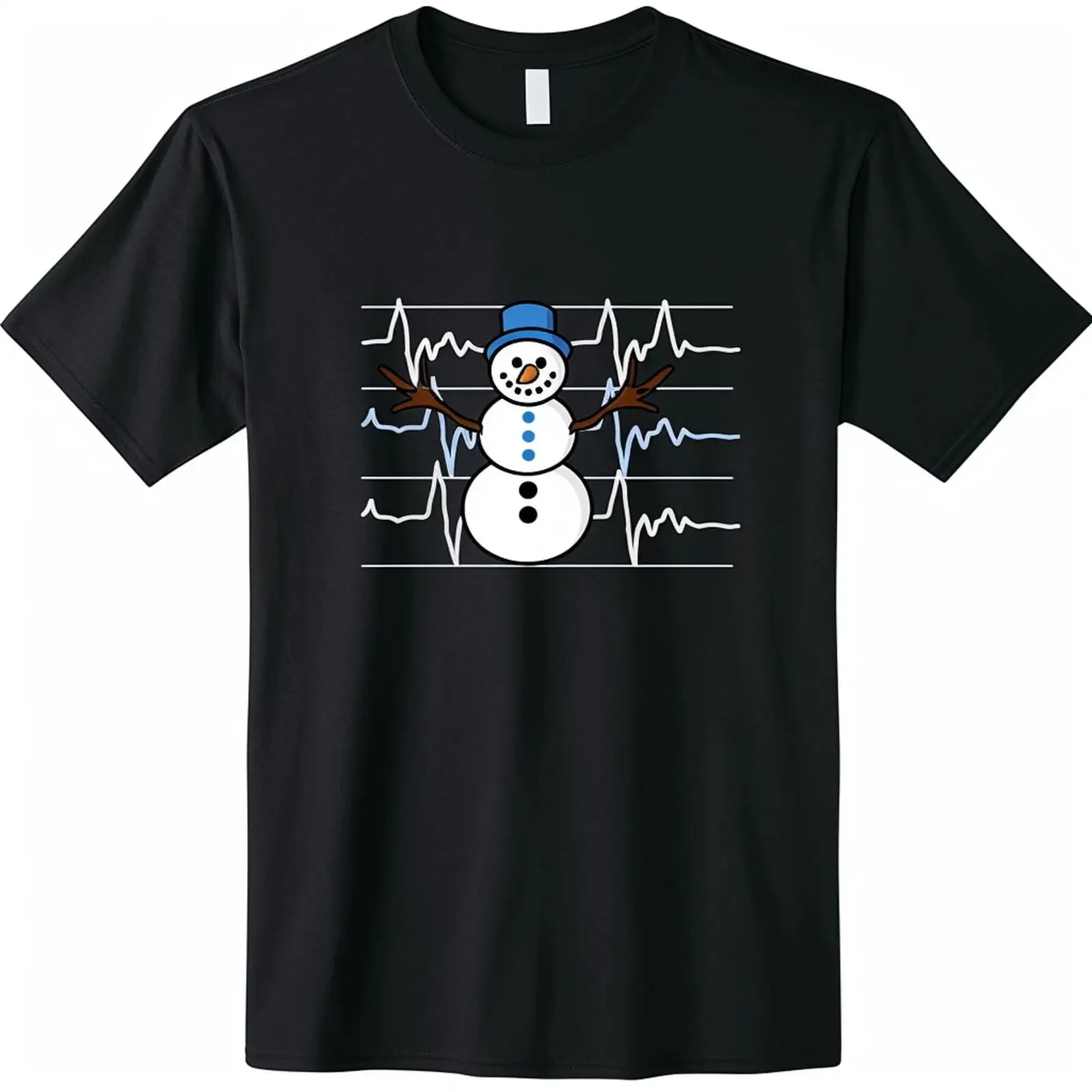 Black T Shirt with Snowflake ECG Line & Smiling Snowman Winter Fun Design