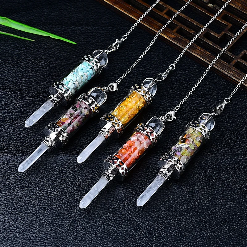 7 Chakras Pendulums Divination Dowsing Glass Wishing Bottle Natural Stone Pendant Hexagonal Clear Quartz Pendulum Pendulos X247