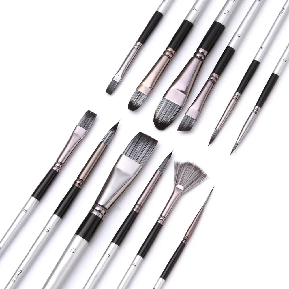 

12Pcs Nylon Painting Brushes Set for Watercolor Oil Art Student Supplies Portable Paint Brush Kit Professional Flat Tip Pigment