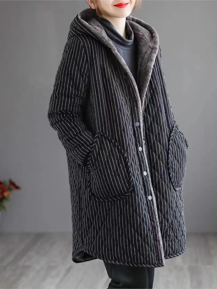 Oversized Winter Cotton Furry Hoodies Long Coat Women Casual Loose Modis Ladies Jackets Striped  Print Woman Jackets Coats 2023