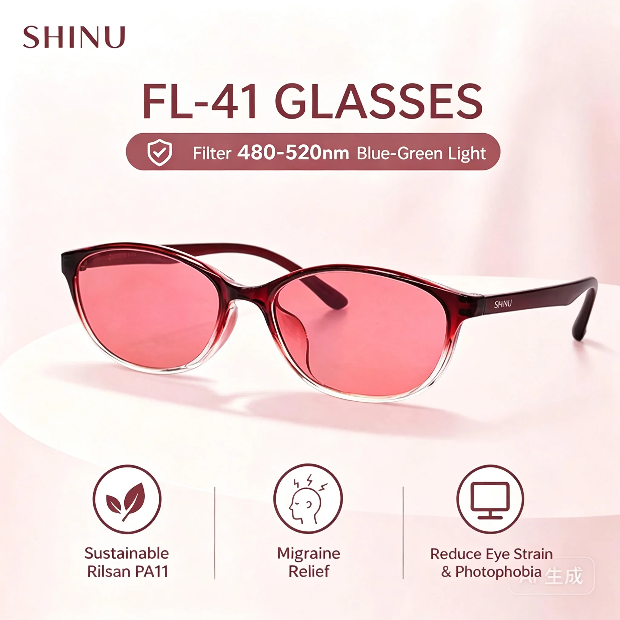 SHINU FL41 Rose Tint Glasses Sustainable Rilsan PA11 Frame Migraine Photophobia Relief Fluorescent Light Computer Eye Strain