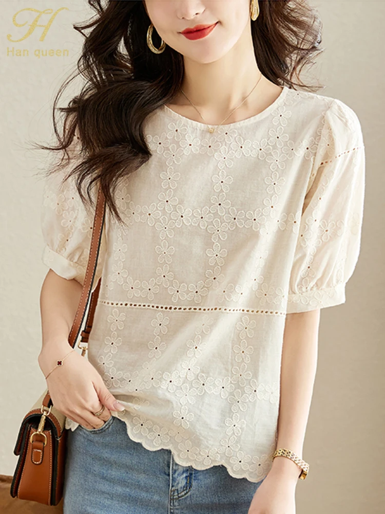 

H Han Queen 2025 Summer Clothes Tops Loose O-Neck Embroidery Hollow Out Vintage Shirt Casual Short Sleeve Blouses Women Clothing