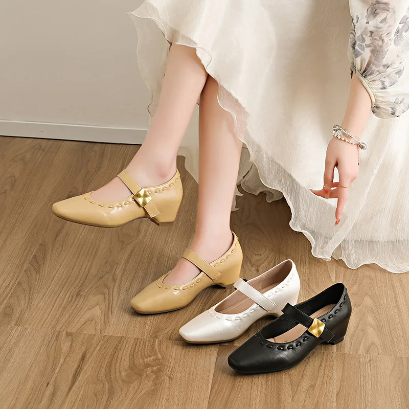 Women Mary Jane Shoes Mid Heel French Style High Heel Height Increasing Casual Shoes