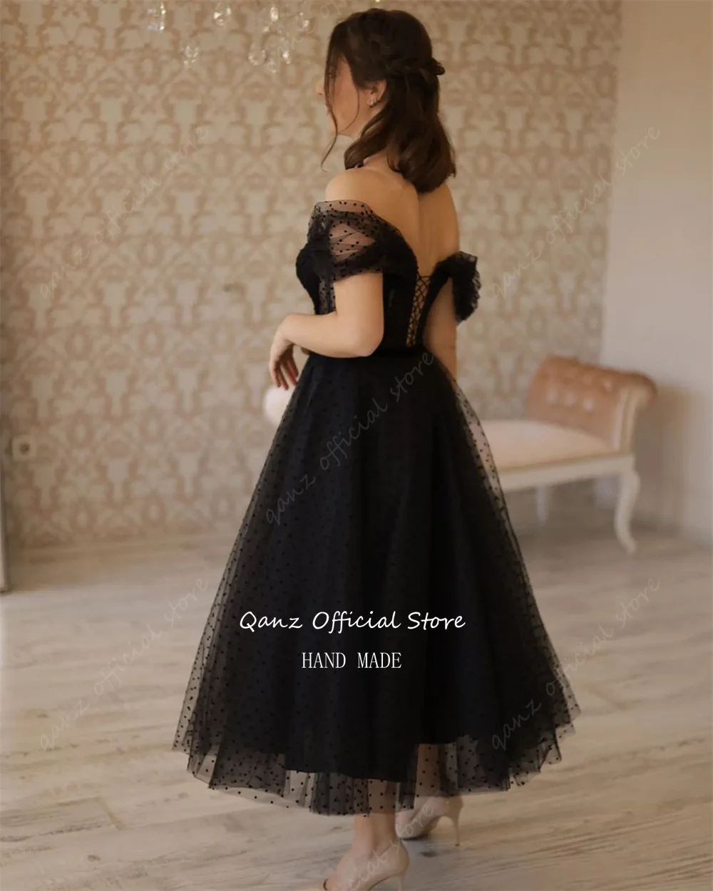 Qanz Black Lace Up Evening Dresses Off The Shoulder Tulle Party Dress Dots Tea Length A Line Birthday Dress Customized