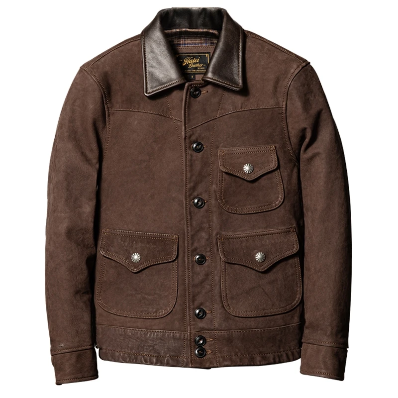 Dark Brown Autumn Leather Jacket Men Retro Casual Style Plus Size 4XL Natural Sheepskin Slim Fit Short Genuine Leather Coat