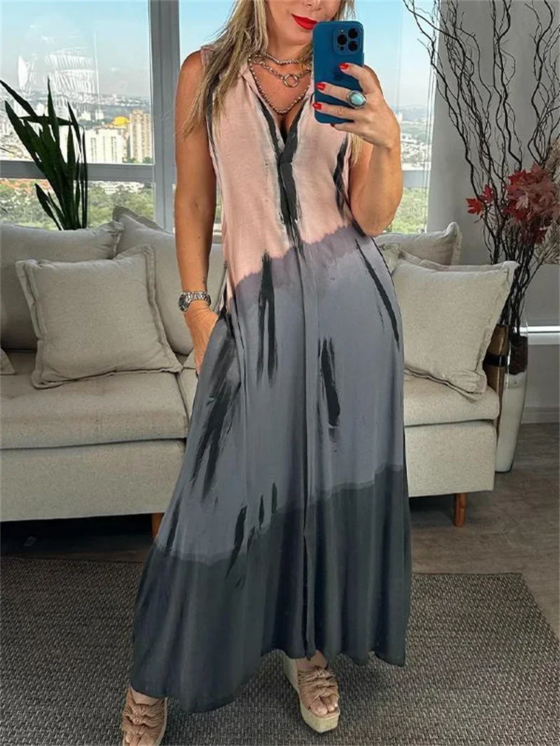 Lässige böhmische Urlaubsmode 2025, Damen-Sommerkleid, bequem, V-Ausschnitt, hohe Taille, ärmellos, bedruckt, sexy Tank-Top-Kleid