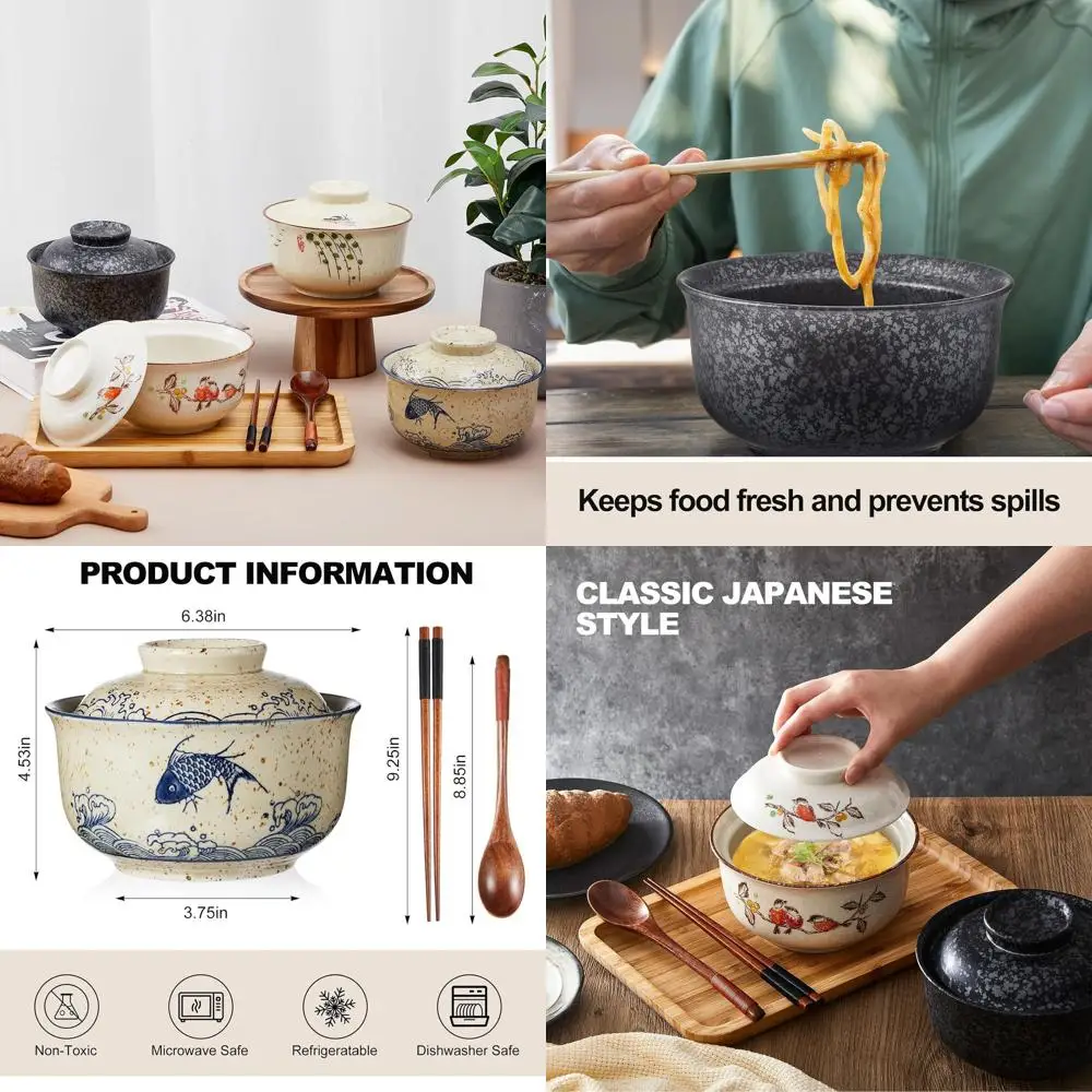 

Set of 4 25oz Microwave-Safe Ceramic Ramen Bowls with Lids, Chopsticks & Spoon for Noodle Soups & Rice Porridge