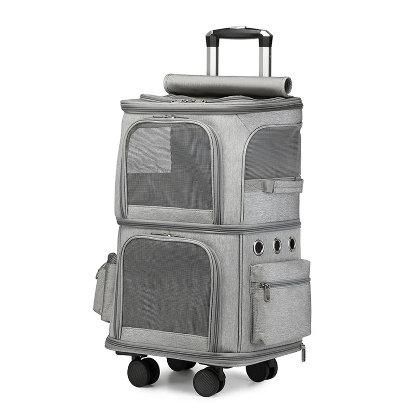 Pets Trolley Case Cat Dog Bag Suitcase Travel Luggage Collapsible 4 Wheel 2 Layer Storage Box Breathable Handbag Pet Stroller