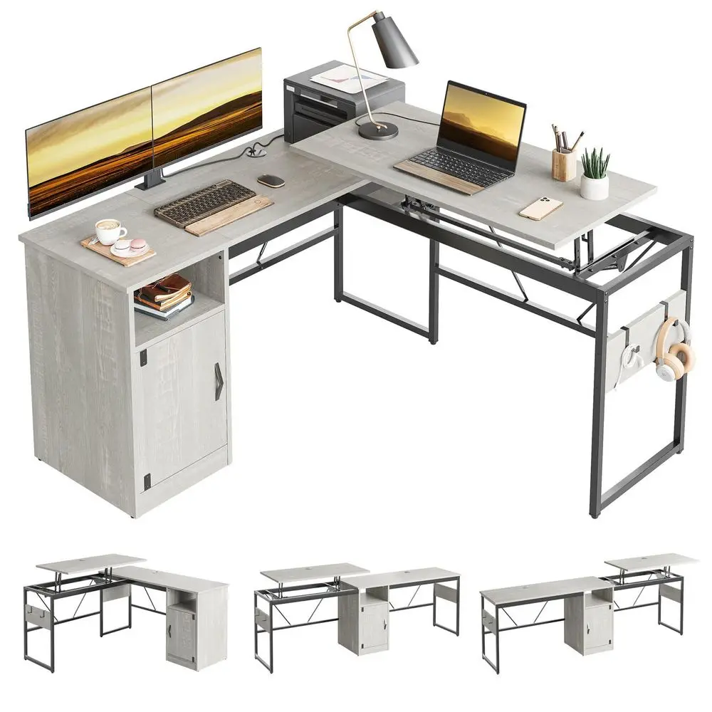 

Versatile 60 Inch LShaped Standing Desk, Lift Top Corner Desk Extending to 95 Inches with Storage Cabinet and Hooks for Home Of