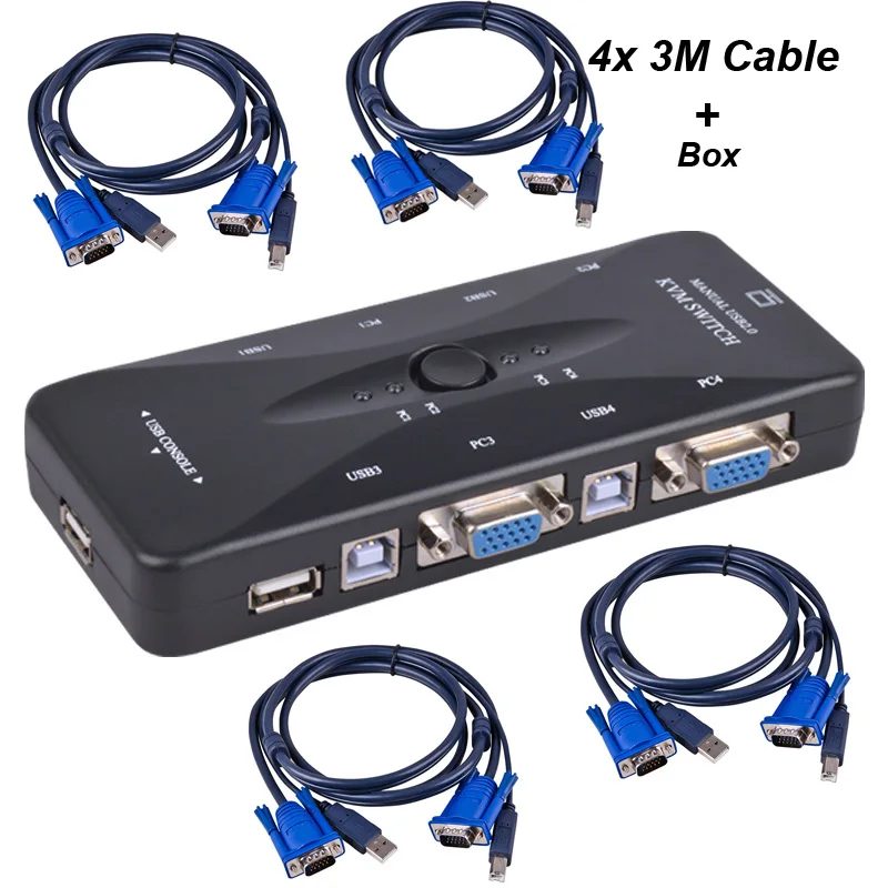 4 Port KVM Switch USB 2.0 VGA Splitter Printer Mouse Keyboard Share Switcher VGA Box + 4PCS 3M KVM Cable PC Computer U disk