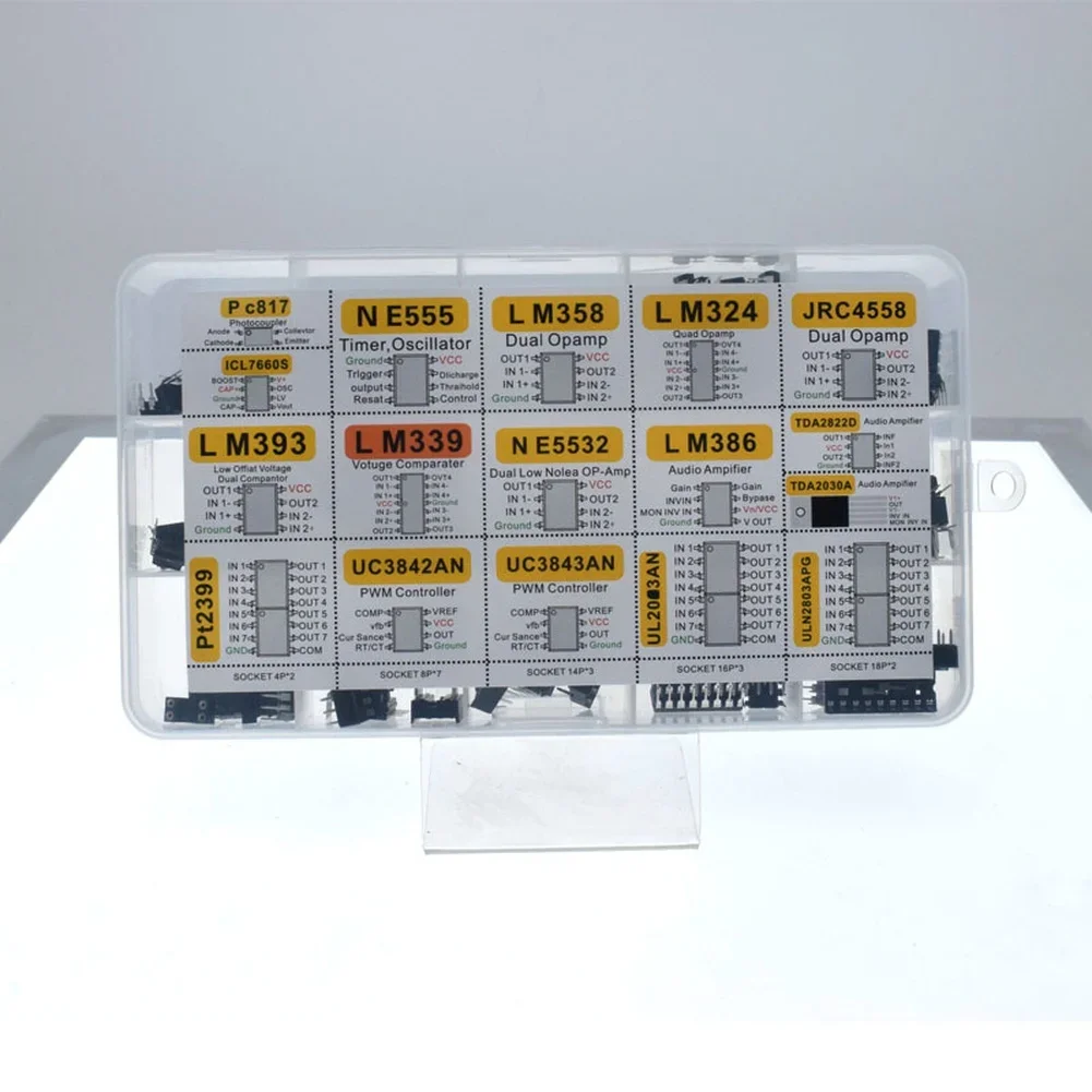 

Набор из 150 микросхем XL: операционные сигнальные процессоры, осцилляторы и таймеры (PC817, LM393, LM358, LM324, JRC4558) и аксессуары