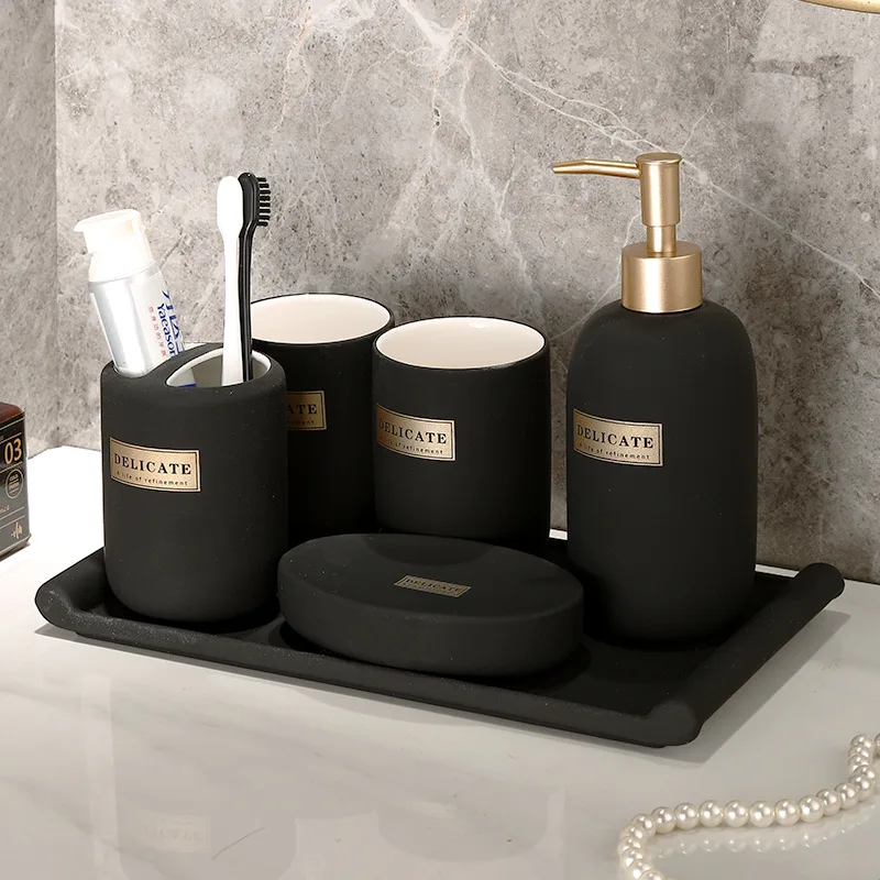 Matte Gold Ceramics Bathroom Accessories Set Decoration Soap Dispenser/Toothbrush Holder/cup/Soap Dish Tray Washing