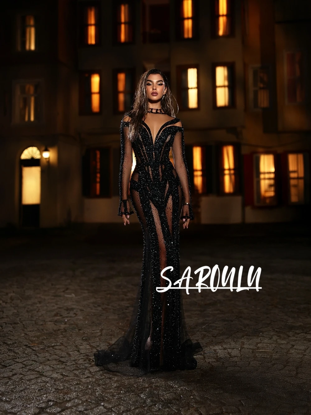 Black Sexy See Through Evening Dress Sparkly Beads Flare Sleeves Cocktail Gown Customized Delicate Statement Night-out Wear