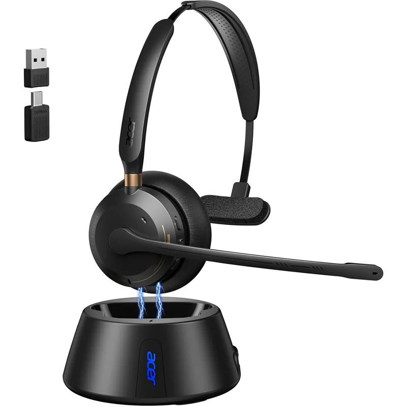 

Беспроводная гарнитура Acer Bluetooth 5.3 и USB 2.4G с донглом для работы, с шумоподавлением AI ENC, моно-гарнитура для работы с зарядной подставкой