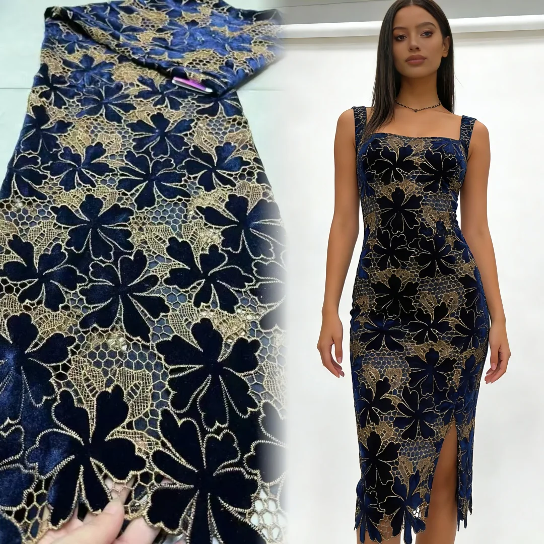 

Luxury Big Rich Velvet Cord Lace Silky African Embroidered Guipure Fabric Traditional Cupion Wear for Occasions Celebrants