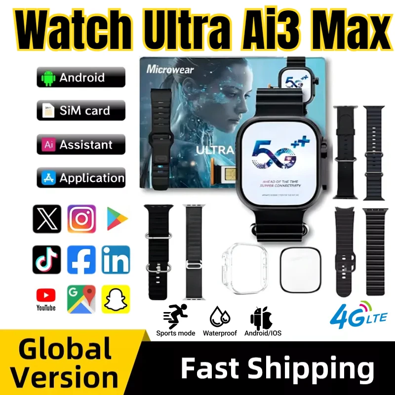 

2025 Мужские умные часы Ultra Ai3 Max Amoled Smartwatch Sim Card 180 ° вращающаяся камера GPS WIFI Google Play WIFI Отслеживание движения