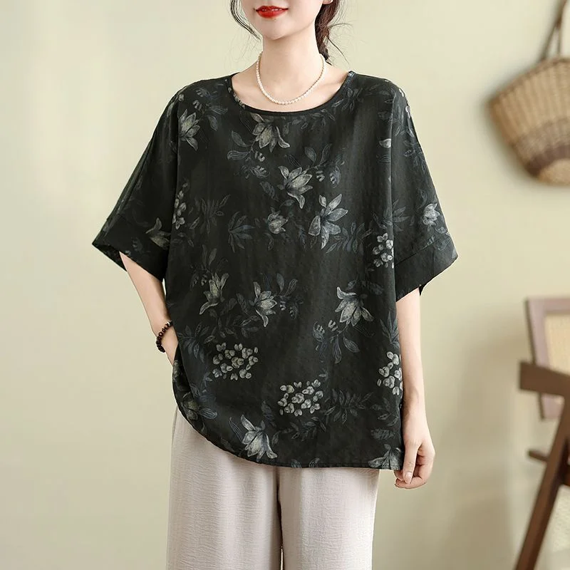 

Women's Vintage Floral Print Linen Blouse Oversized Loose Fit Short Sleeve Casual Top