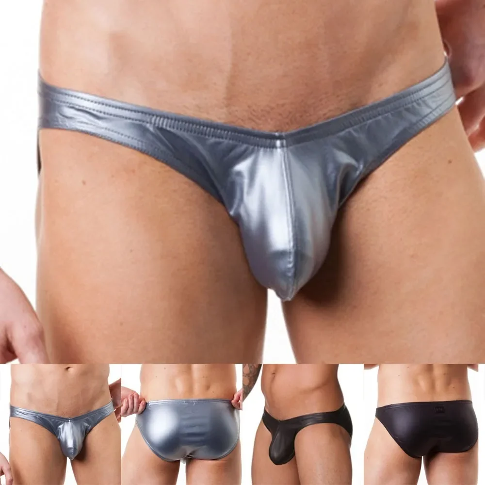 

Men's Erotic Brief Gays Sexy Low-rise U Convex Pouch Bikini Homme Balck Faux Leather Underwear Nightclub Stage Performance Tanga