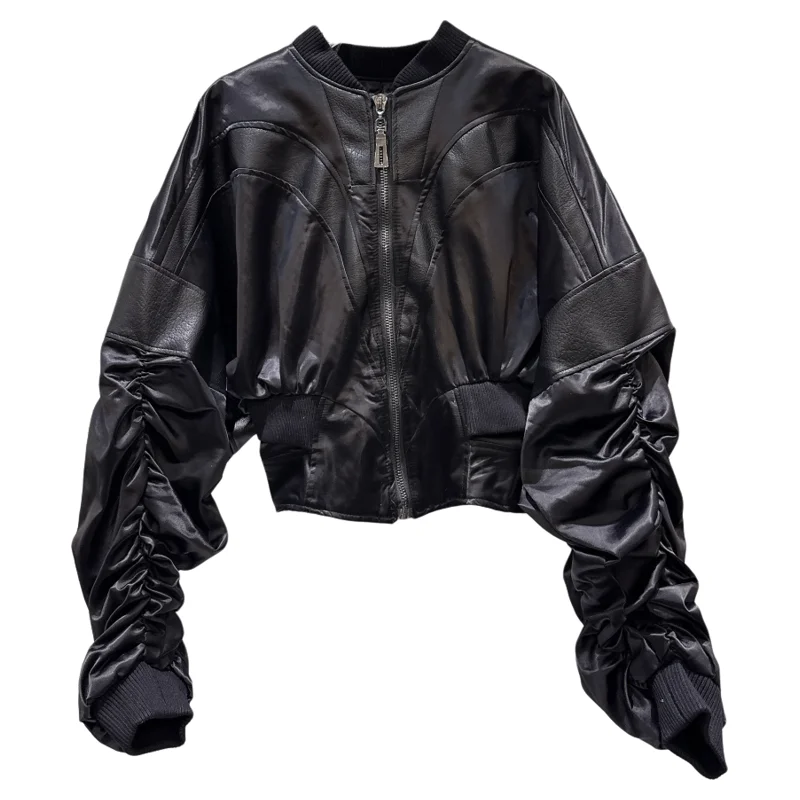 

Куртка-бомбер из искусственной кожи с текстурой, на молнии, с дизайнерскими вставками, в американском стиле, для модных девушек, теплая, с круглым вырезом, с длинными рукавами