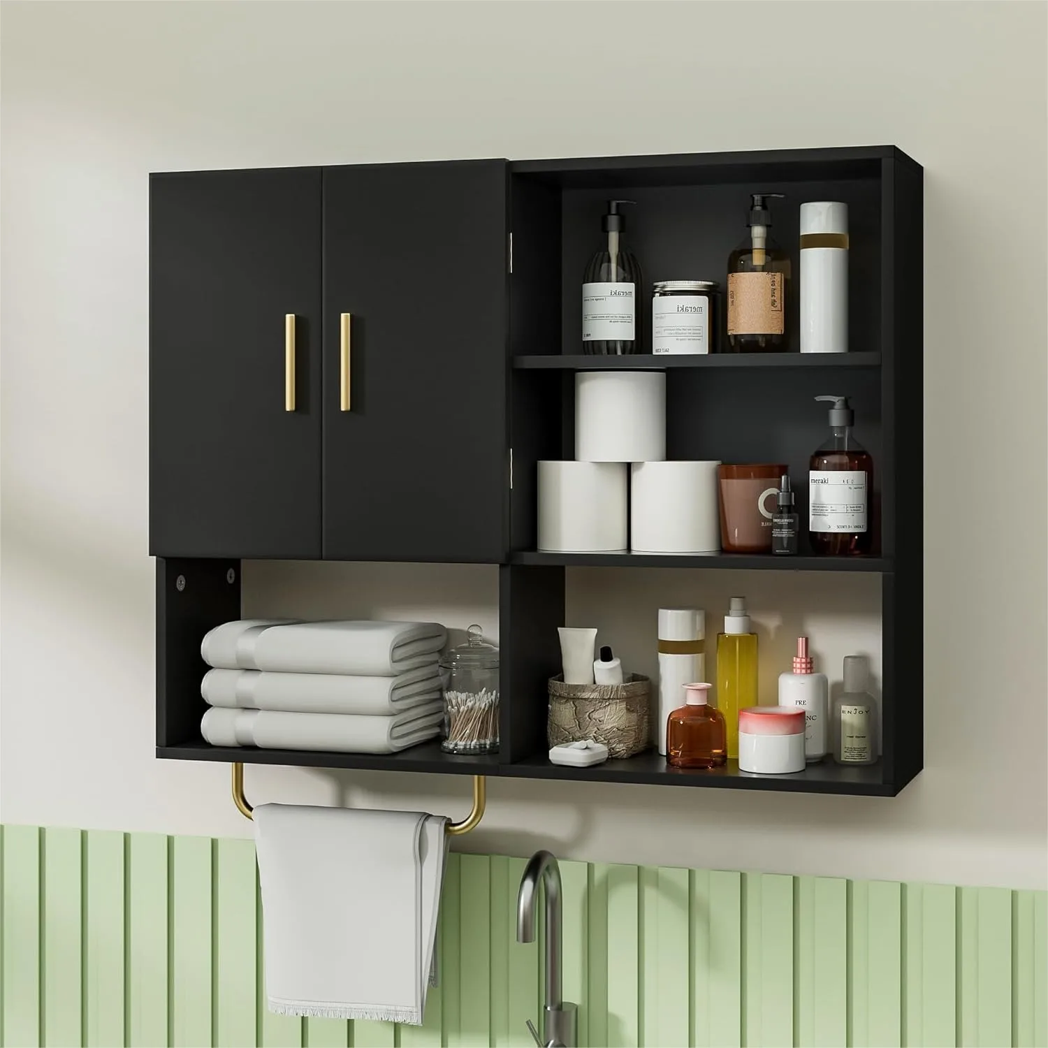

Large Bathroom Wall Cabinet Wood Mounted Medicine Cabinet with 2 Doors and 4 Shelves Over Toilet Storage, Black