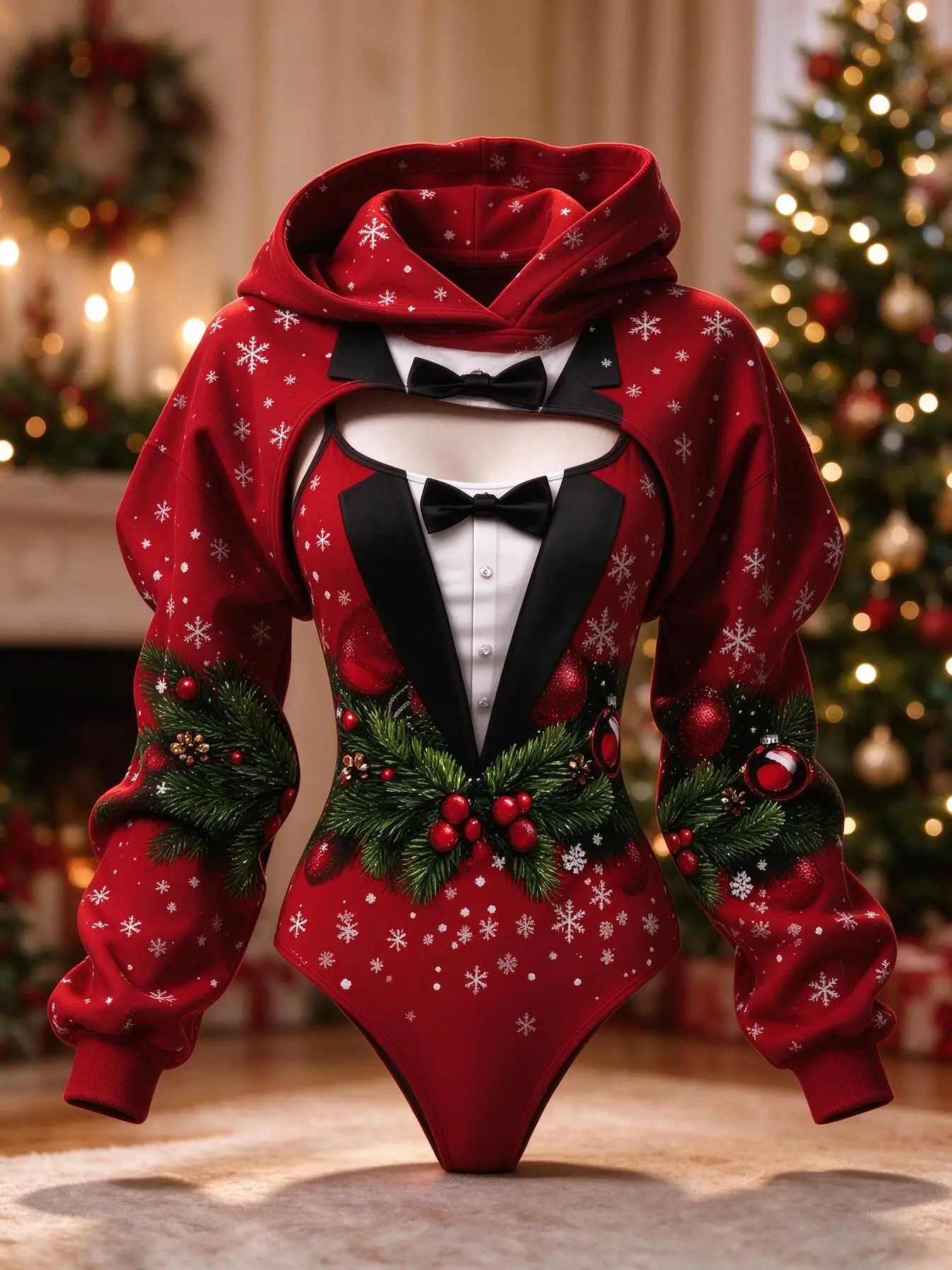 Women Christmas Tuxedo Style Print Bodysuit 2Pcs, Hooded Shrug & Cami Set