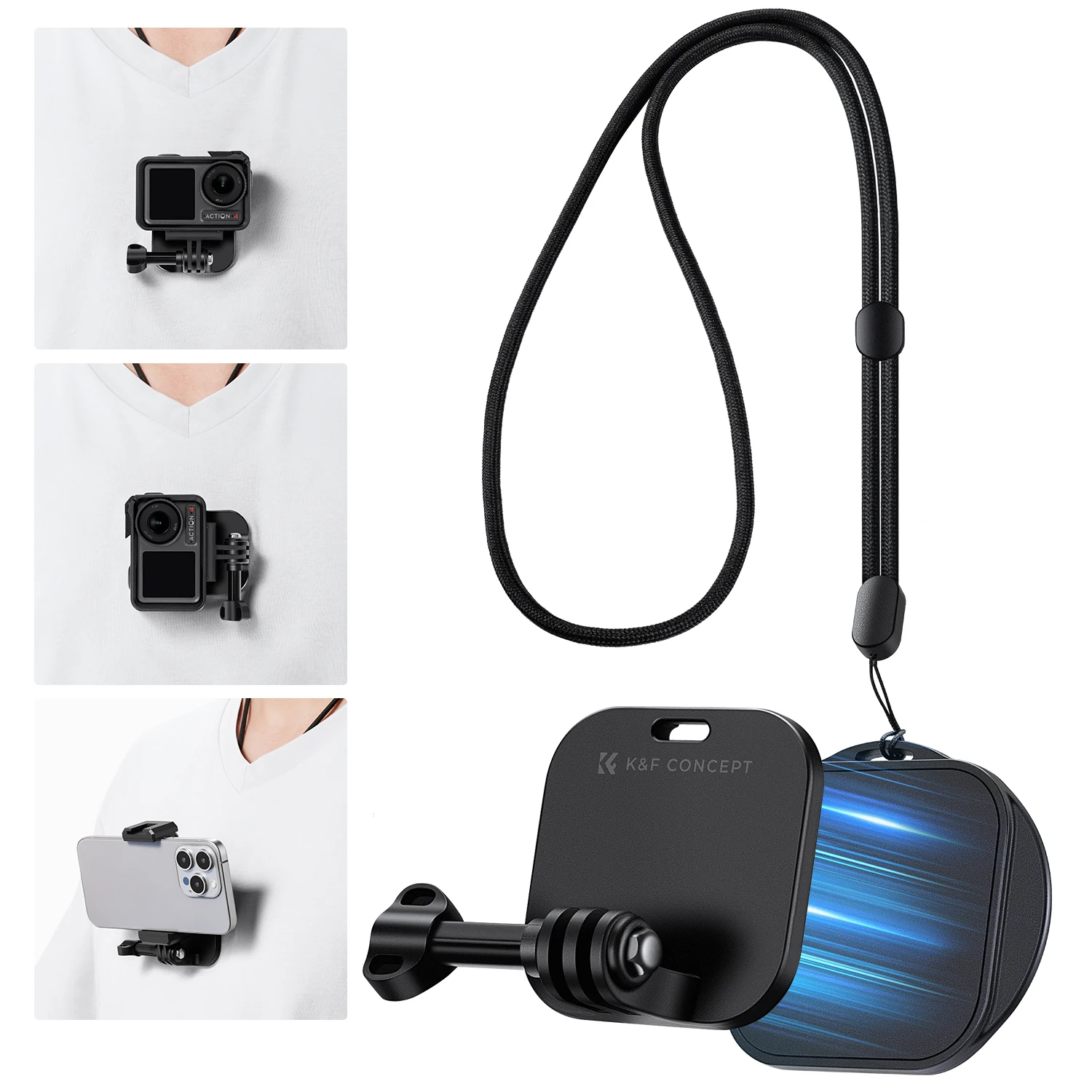 K&F Concept Magnetic Action Camera Chest Mount for GoPro Hero 13/12/11/10/9 Balck DJI Osmo Action 5 Pro/4/3/2 Camera Neck Strap
