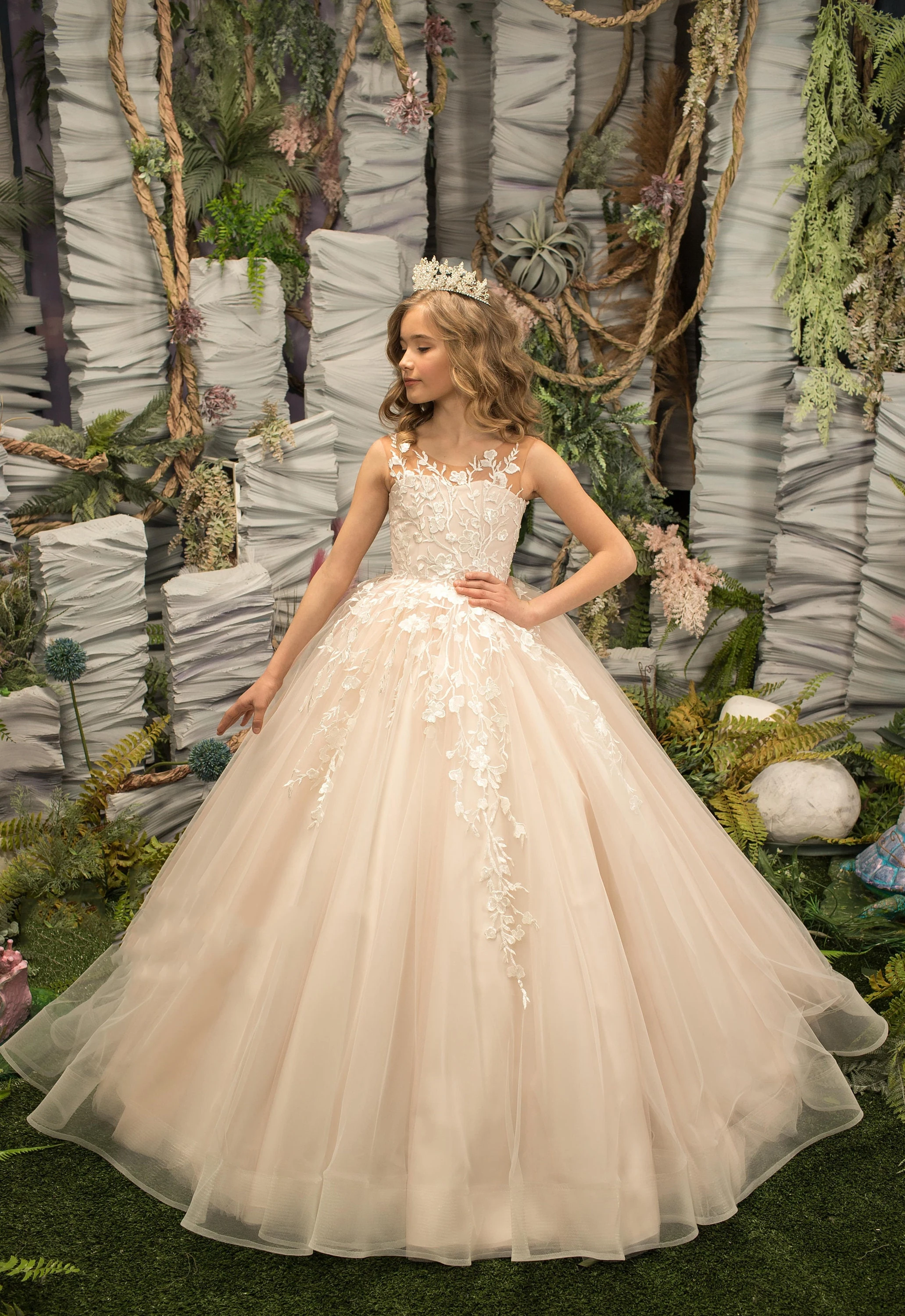 Vestido floral personalizado para casamento, tule, apliques inchados, comprimento até o chão, princesa, festa de aniversário infantil, primeira comunhão, vestidos de baile