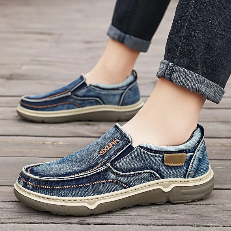 Fashion Brand Denim Men Loafers Breathable Cloth Shoes Slip-ons Casual Male Footwear Thick Sole Driving Shoes D1028