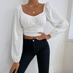 Women Ruched Front Long Sleeve Shirt Plain Square Neck Crop Blouse Summer Spring Ladies Basic Outfit