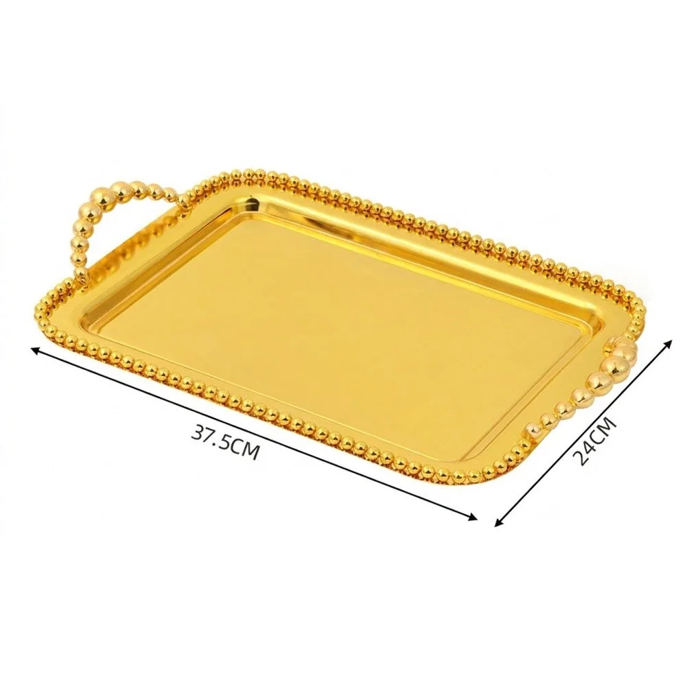 Mirror Polished Stainless Steel Tray with Beaded Edge and Dual Handles for Serving For Desserts and Displaying Decor Items