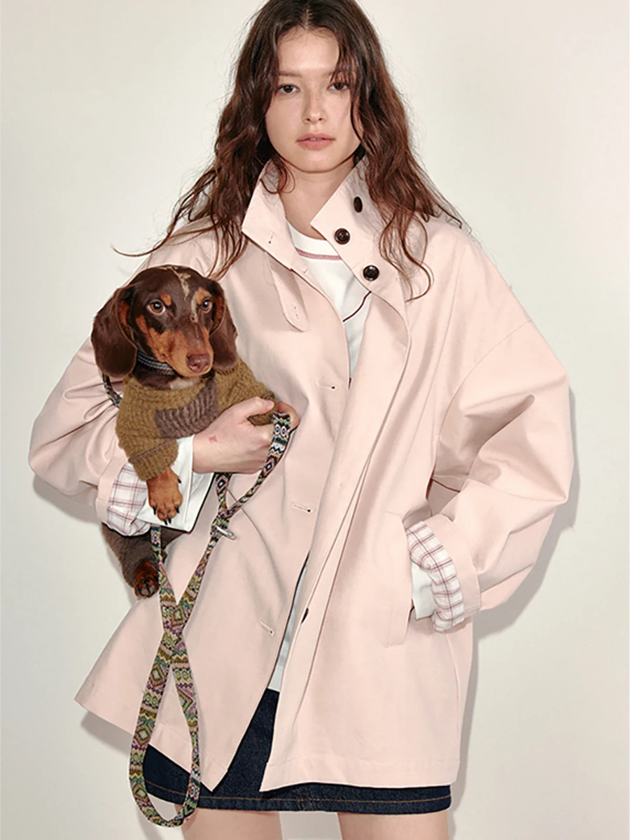 

Lautaro весна осень оверсайз розовое ветрозащитное пальто для женщин с клетчатой подкладкой внутри с воротником-стойкой свободный повседневный корейский мода 2025