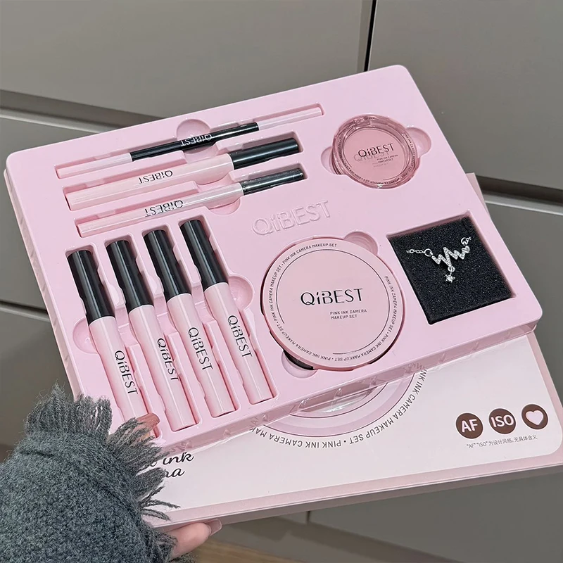 مجموعة مكياج متعددة الأغراض مكونة من 9 قطع مكونة من 4 قطع من طين الشفاه، 1 بودرة مضغوطة، 1 أحمر خدود، 1 محدد عيون، 1 ماسكارا، مجموعة مستحضرات تجميل بمظهر كاميرا قلم حواجب #2