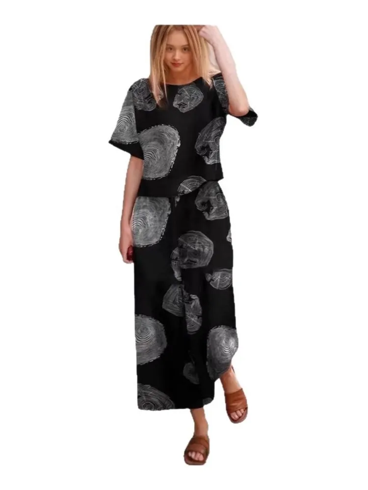 2025 ฤดูใบไม้ผลิฤดูร้อนใหม่ PLUS ขนาด 2 ชิ้นชุดผู้หญิงผ้าลินิน Casual VINTAGE หลวมพิมพ์แขนสั้นและกางเกงตรง 2 ชุด