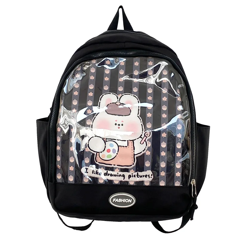 Mochila escolar grande para niña, bolsa Kawaii Ita con placa de inserción, rosa, dos bolsillos transparentes para exhibición de pines, novedad de 2024