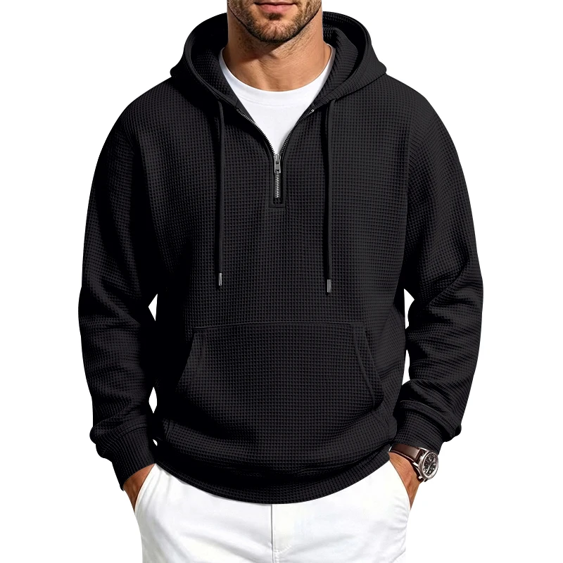 Herren Frühling und Herbst Einteiliger Waffel-Strick 1/4 Reißverschluss Lässiger Loser Kapuzenpullover, Geeignet für den Täglichen Gebrauch – Detail 38