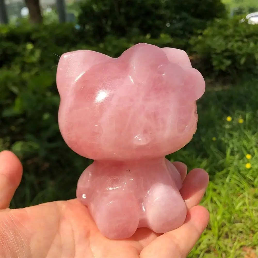 9.8cm Natural Crystal Rose Quartz Sanrio Hello Kitty KT Cat Carving Polished Healing Figurine Home Decor Craft Gift