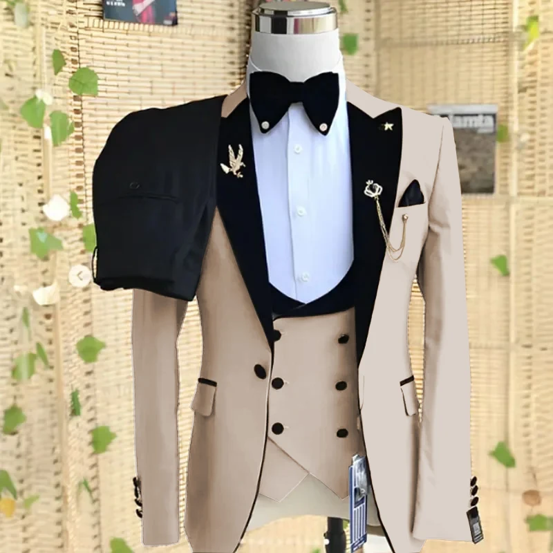 

Custom Made Beige Wedding Groom Tuxedo Slim Fit Men Suits Peaked Lapel 3 Pieces Groomsmen (Blazer+Vest+Pants ) Costume Homme