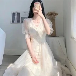 Summer Female Dress White Mesh Casual Youth A Line Sensual Sexy Y2k Elastic Loose Elegant Chic Kpop Women's Long Sleeve Dresses