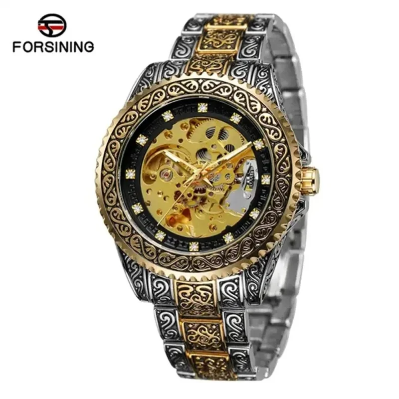 Forsining 378B Luxury Men\'s Automatic Mechanical Watch Top Brand Waterproof Stainless Steel Golden Male Vintage Clock Wristwatch