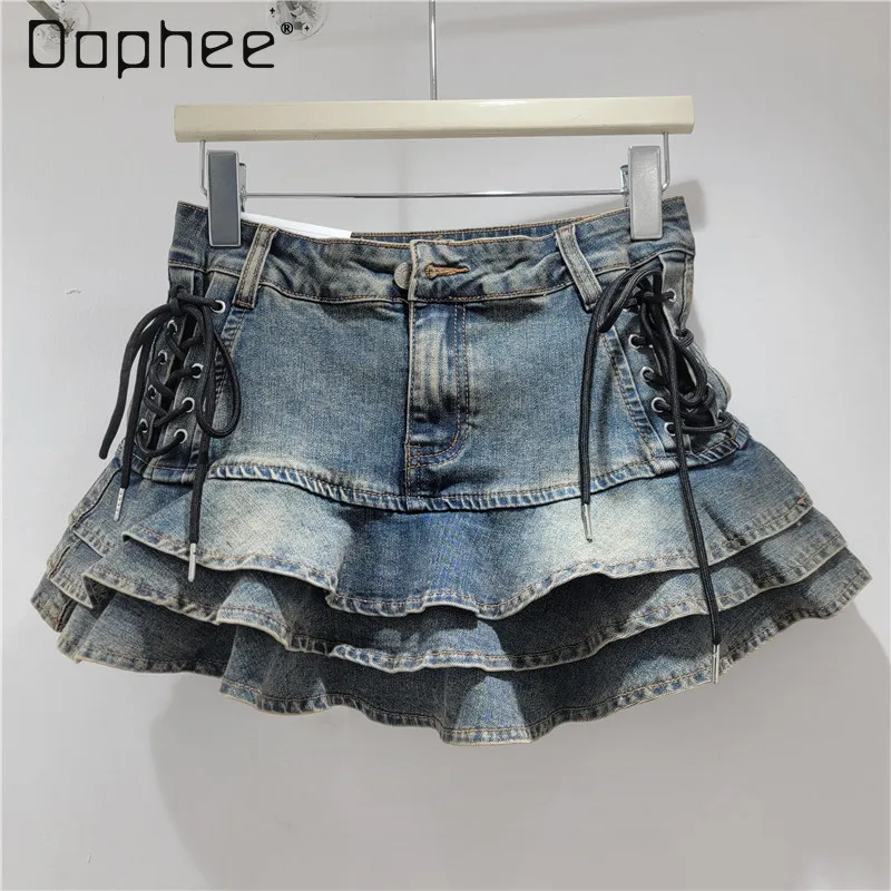 

Camouflage Print Ruched Ruffle Loose Mini Skirt for Women 2025 Summer New Hot Girl Cake Short Skirt High Waist Tie Y2k Skirt