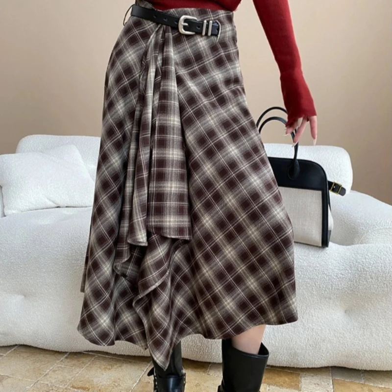 

Women Skirts Mid Length Skirt High Waist A Line Slim Fit Irregular Plaid Elegant Splice Y2k Streetwear Work 2025 Autumn Winter