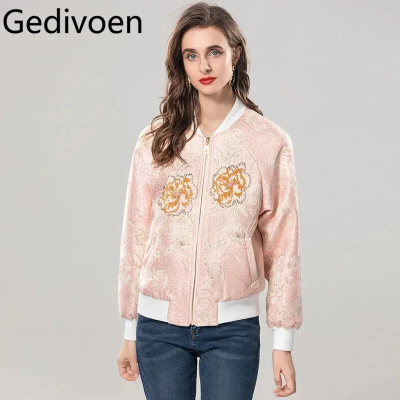 Gedivoen Herfst en Winter Nieuwe stijl damesjas Kralen Kristal ontwerp Zak Lange mouwen Roze Jacquard Korte Overjas