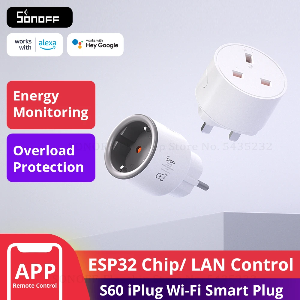SONOFF S60 EU/UK WiFi Smart Plug with Power Monitor Outlet Smart Socket Overload Protection Timer for Alexa Google Home Alice