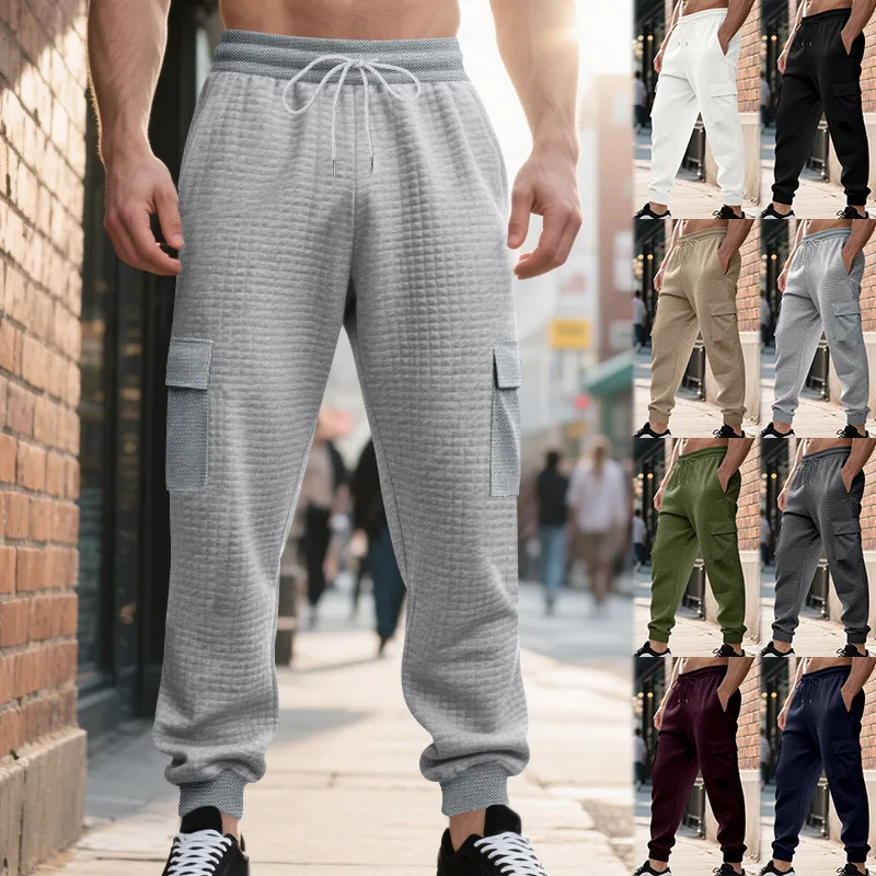 

American Style Autumn Winter Men's Casual Pants Heavy Jacquard Small Check Sweatpants Commuter Loose Jogger Cargo Pants