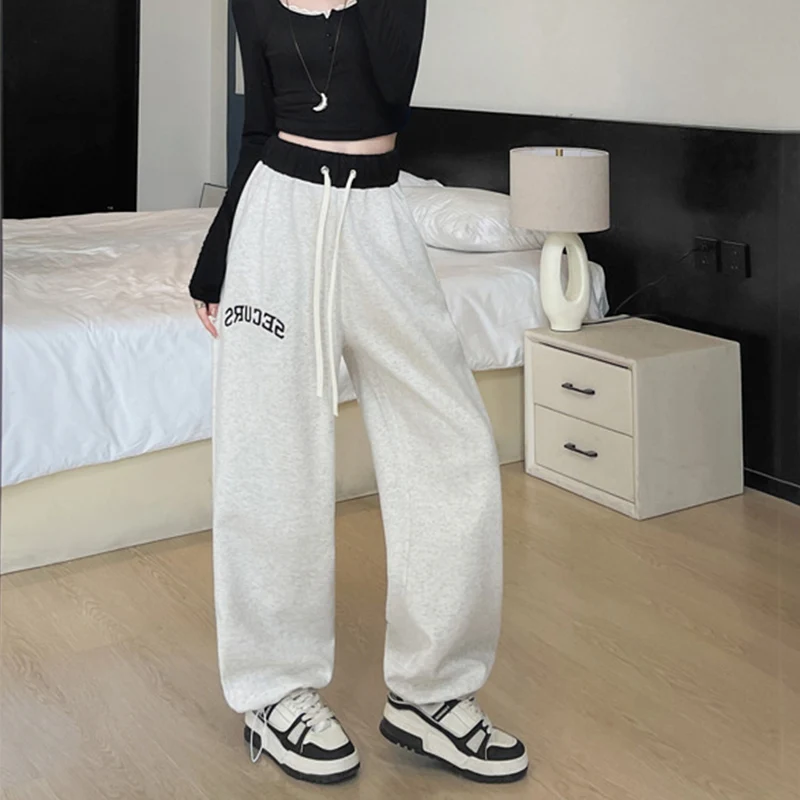 

Chic Patchwork Design Casual Trousers utumn Winter High Waist Straight Pants Vintage Letter Embroidery Sweatpants for Woman