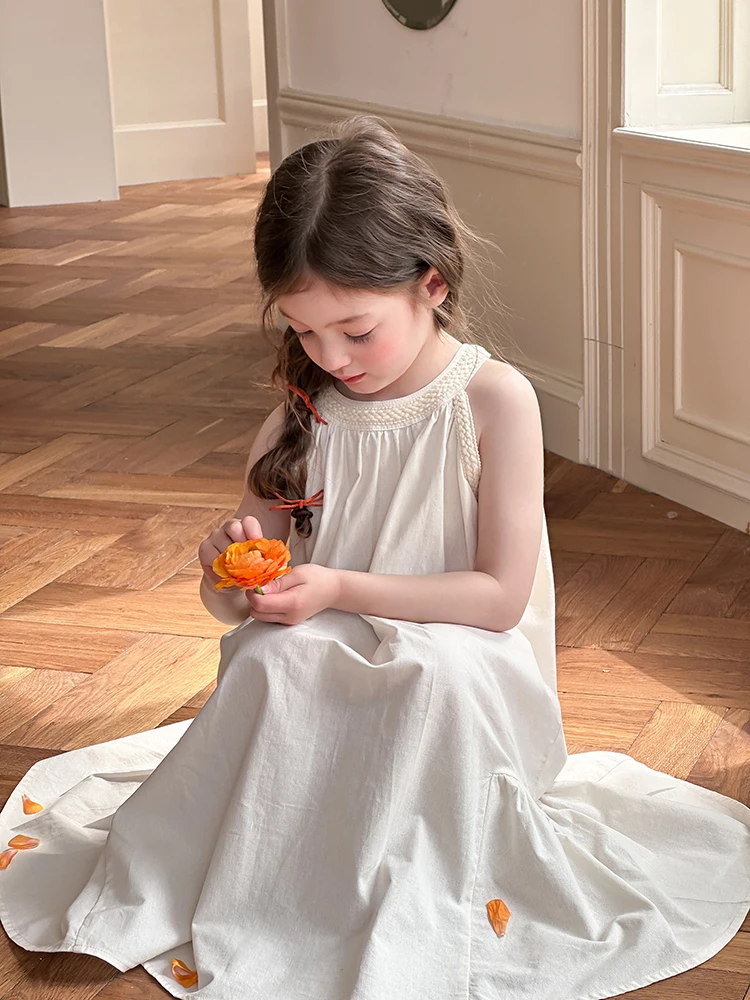 

Chic Hanging Ne Princ Dr for Girls Mid-Length Skirt Sle Long Sve Korean Version Summer Clothing for Kids